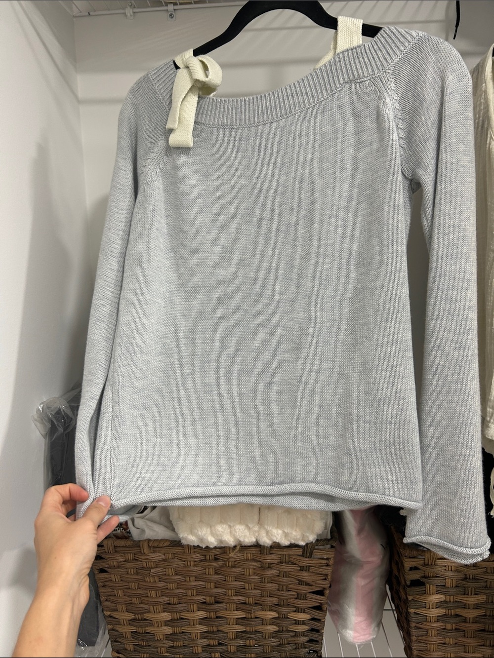Lovers + Friends Light Gray Knit Sweater with Tie-Strap Shoulder